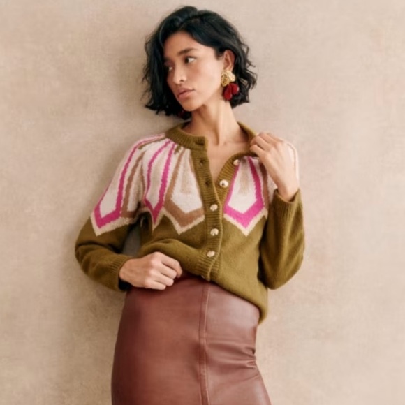 Sezane Hamel Gilet Cardigan Sweater in Khaki Multicolor Metallic Gold size Large - Picture 2 of 9